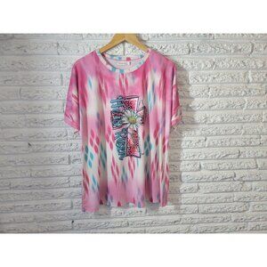 Easter Southern Stitch Women Top Extra Large XL Tee Pink He is Risen Cross F1E